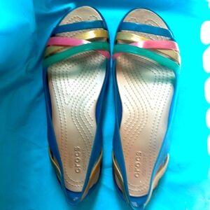 Women’s size 9 Isabella Huaraches CROCS , Nude, royal blue, pink & teal